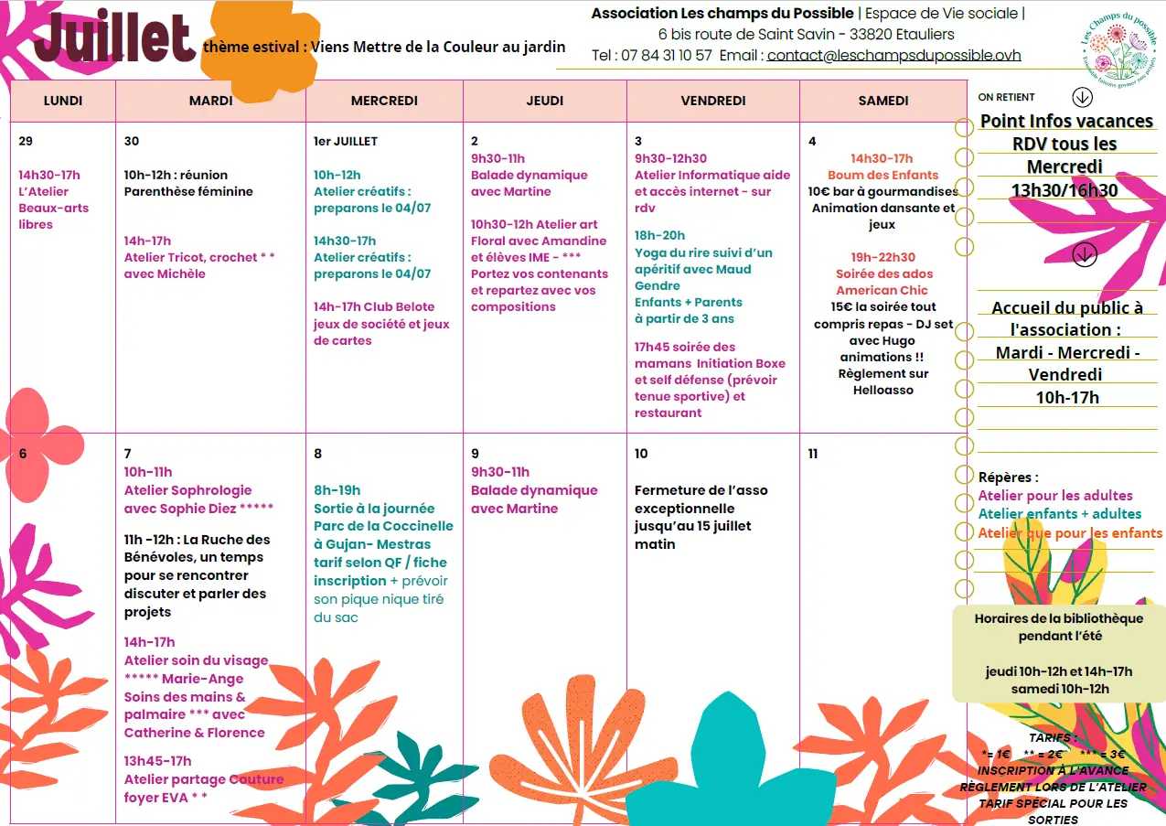 Programme des mois de juin/juillet/août "Les champs des possibles"