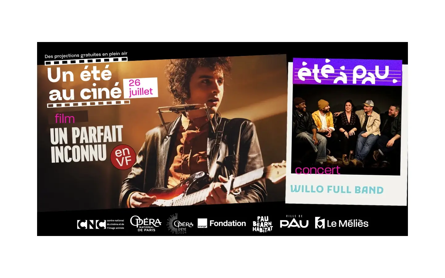Été à Pau 2026 / Un été au ciné : Willo Full Band (folk) + Un parfait inconnu (VF)