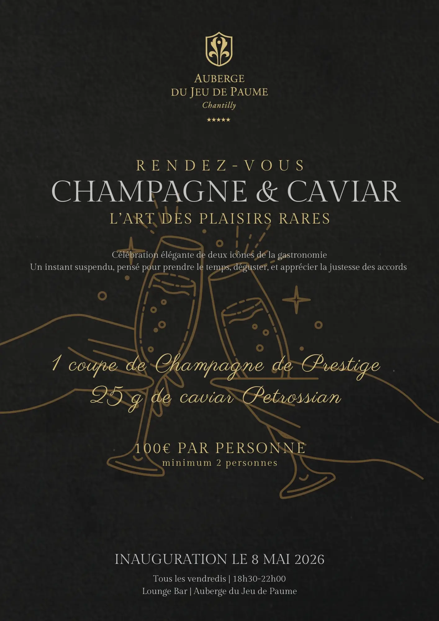 Rendez-vous "Champagne & Caviar : L’Art des Plaisirs Rares" à l'Auberge du Jeu de Paume à Chantilly
